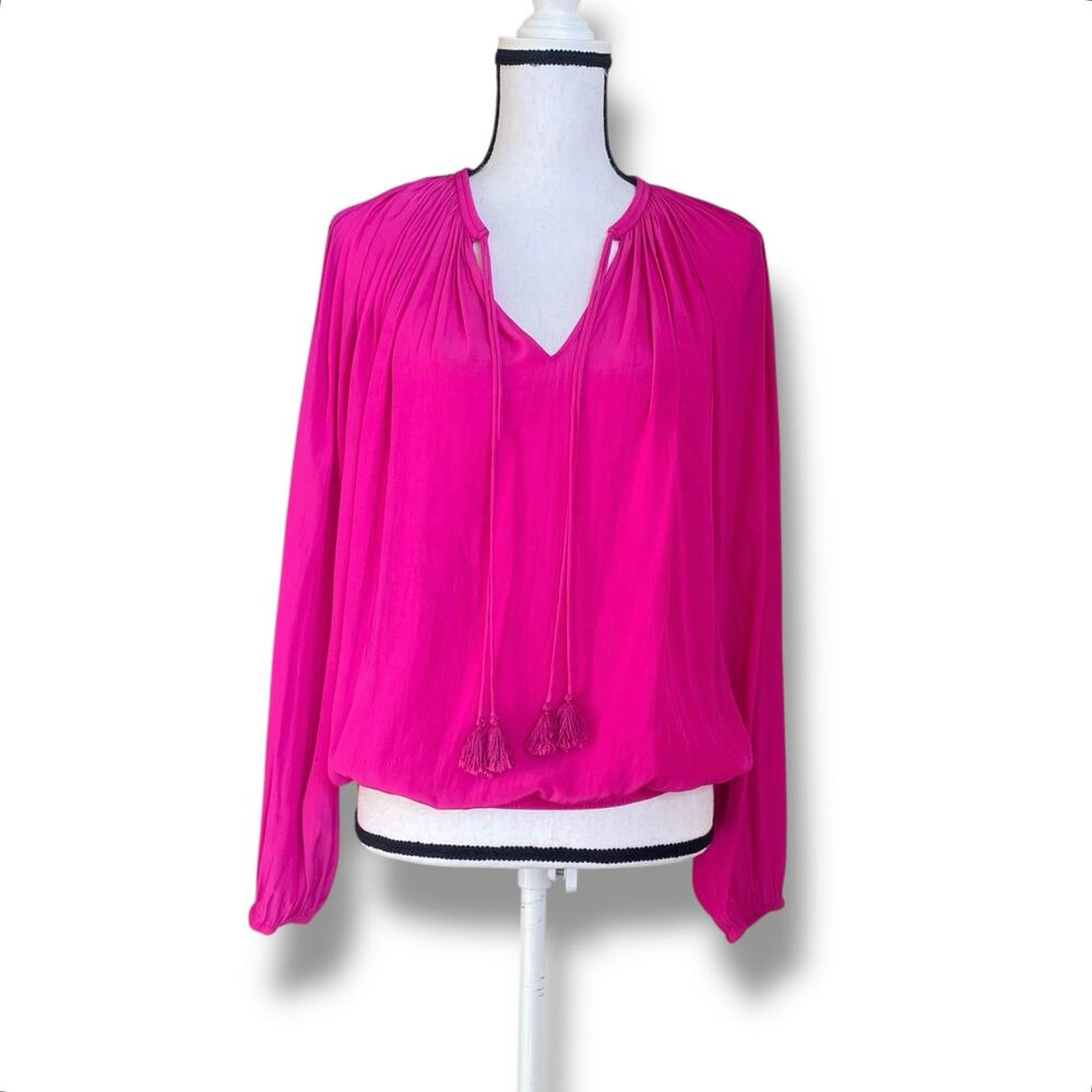 Ramy Brook Balloon Sleeve Tassel Tie Blouse Top Sz XS/S Fuchsia Pink Flowy Boho